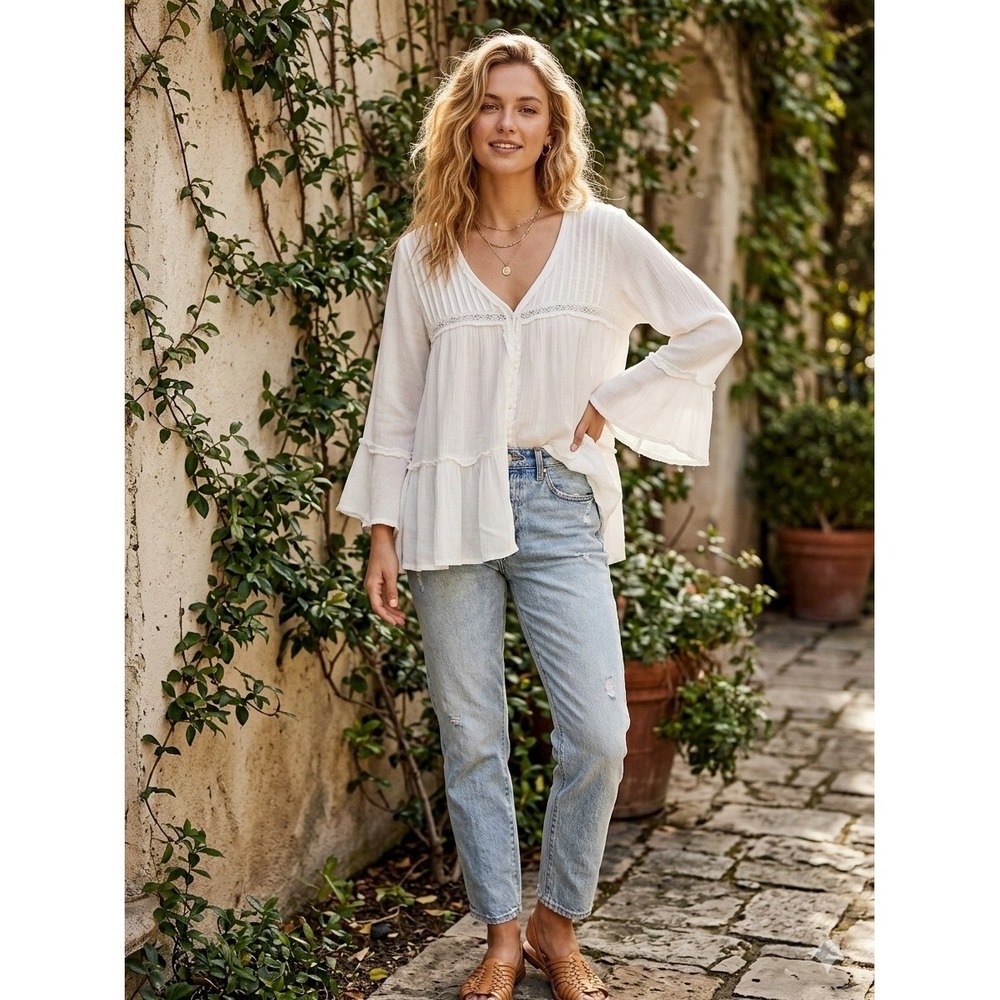 Free People White Gauze Pintuck Lace Trim Ruffle Bell Sleeve Blouse Medium